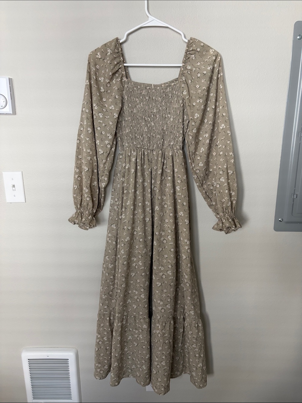 Smocked Square-Neck Maxi Dress in Taupe Floral